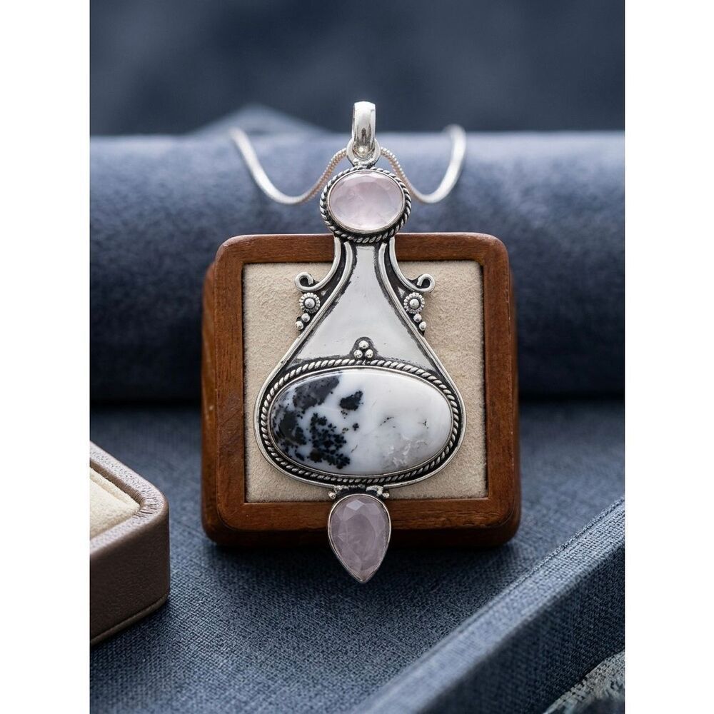 Southwestern White Buffalo & Rose Quartz Artisan Necklace Silver Pendant Boho